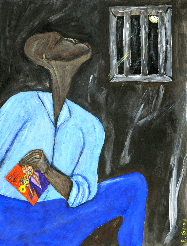 This acrylic painting depicts an aged Black man in prison blues, squatting on the floor of a prison cell, his face turned up towards the window, eyes closed, while he holds an orange album cover that says “MILES DAVIS”